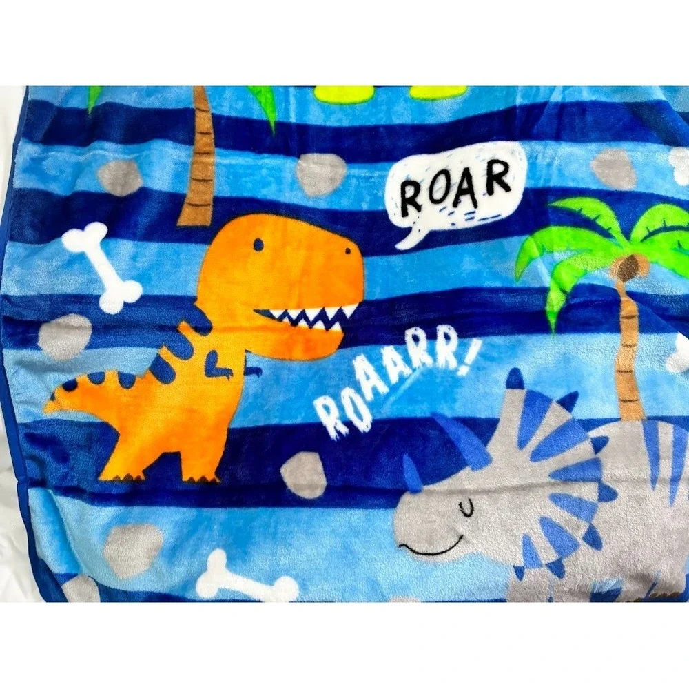 Everyday Kids Blue Stripe Dinosaur Baby Blanket Toddler Soft Polyester Roar‎ NEW